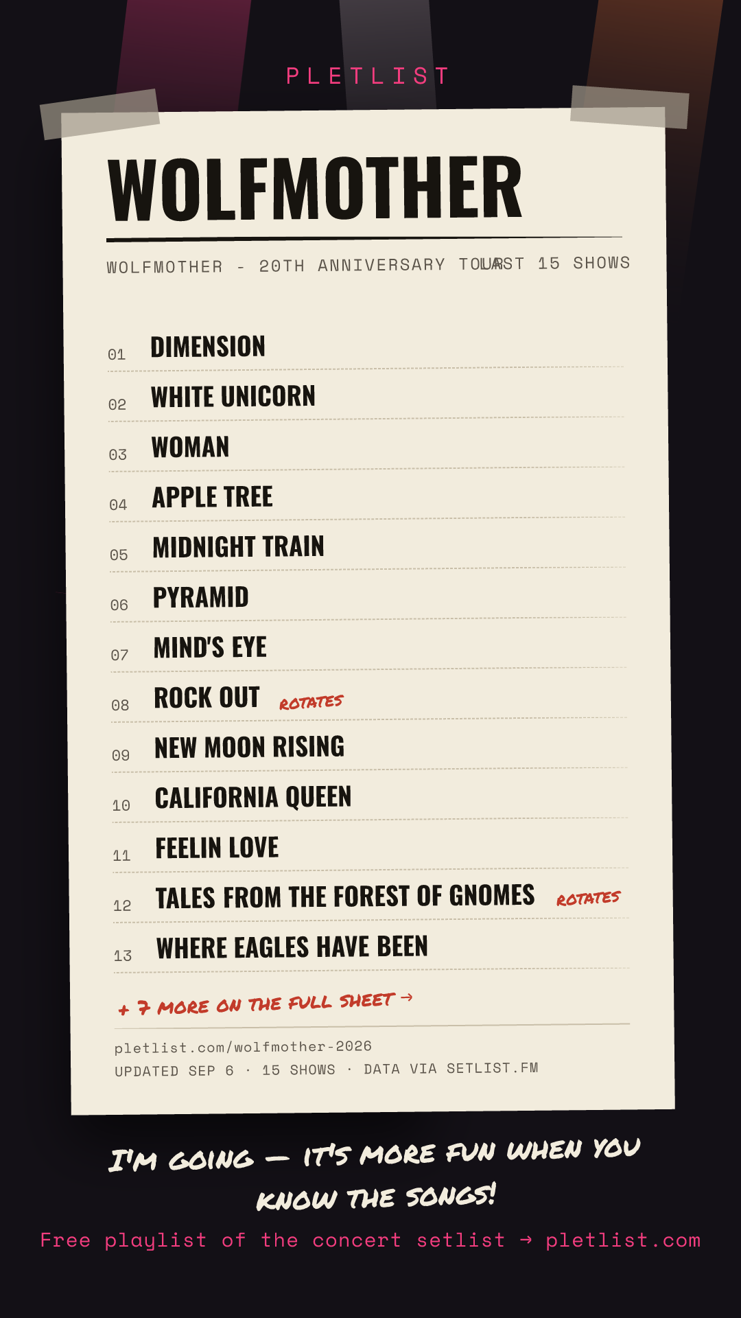 Shareable setlist sheet image for Wolfmother