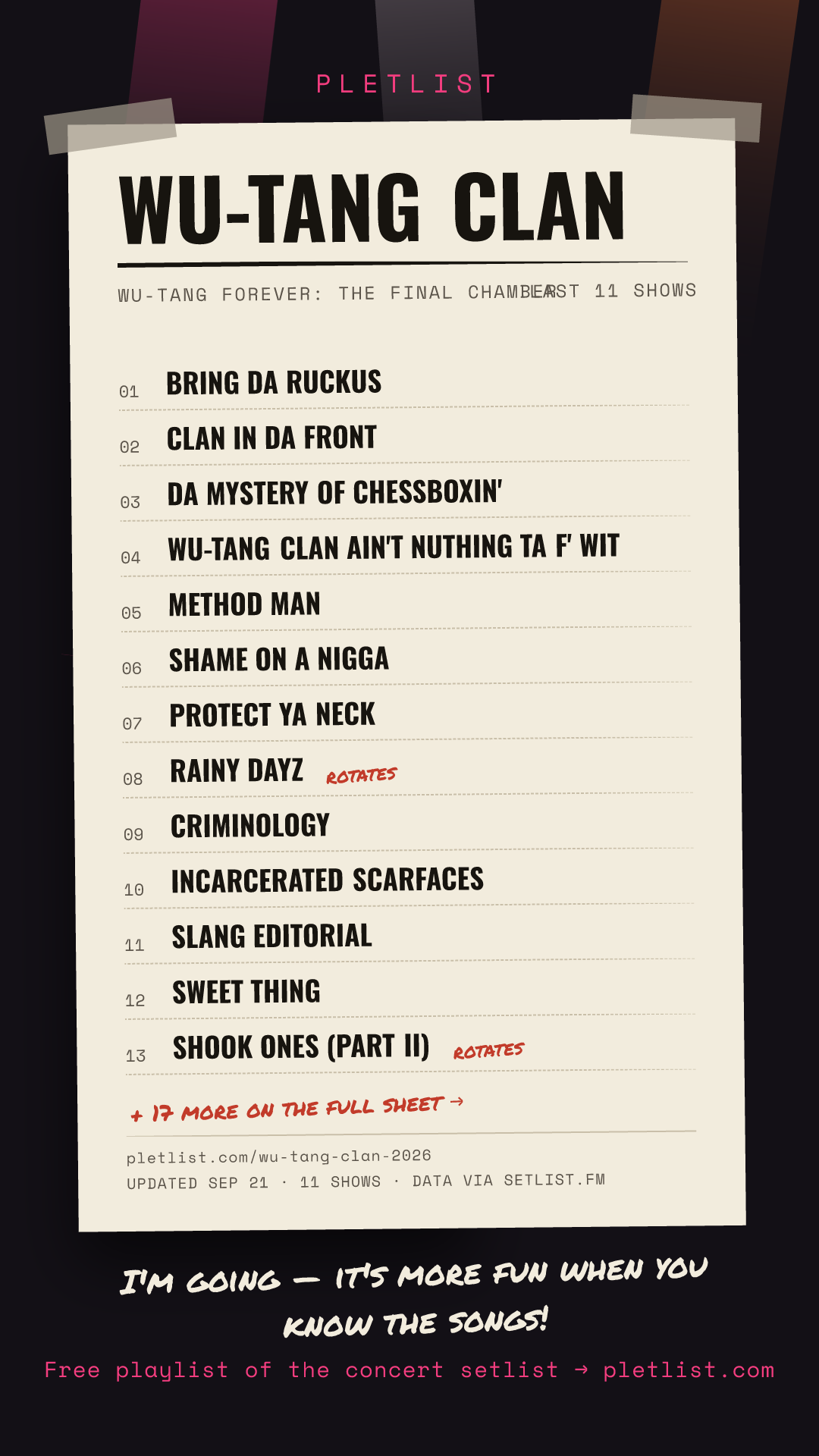 Shareable setlist sheet image for Wu-Tang Clan
