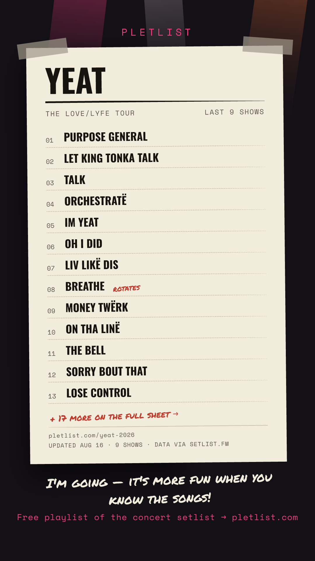 Shareable setlist sheet image for Yeat