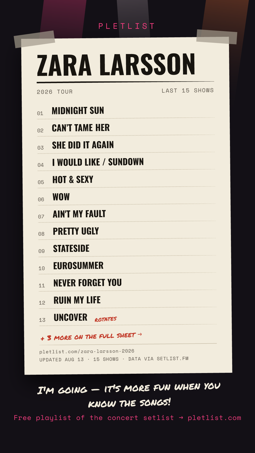 Shareable setlist sheet image for Zara Larsson